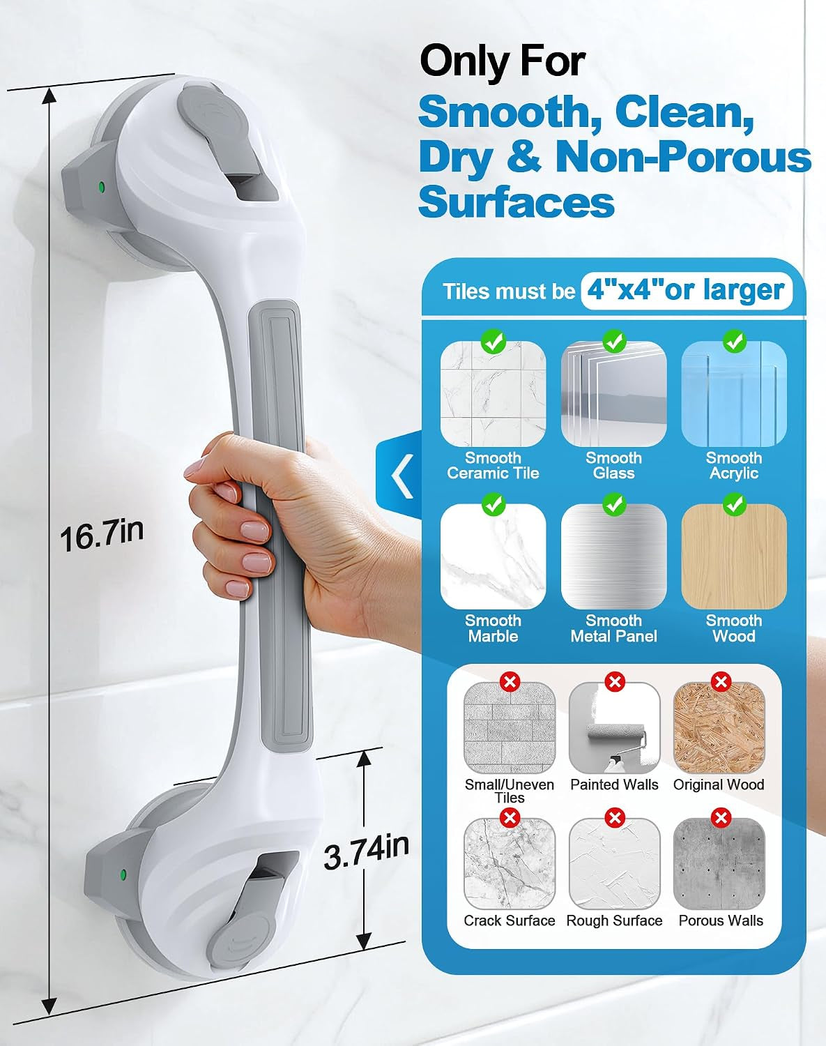 Grab Bars for Shower, 16.7" Shower Grab Bars for Seniors, Heavy Duty Suction Cup Shower Handle with Safety Indicators, No-Drill Anti-Slip Bathroom Shower Bars for Elderly & Handicap, 2 Pack