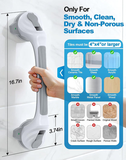 Grab Bars for Shower, 16.7" Shower Grab Bars for Seniors, Heavy Duty Suction Cup Shower Handle with Safety Indicators, No-Drill Anti-Slip Bathroom Shower Bars for Elderly & Handicap, 2 Pack