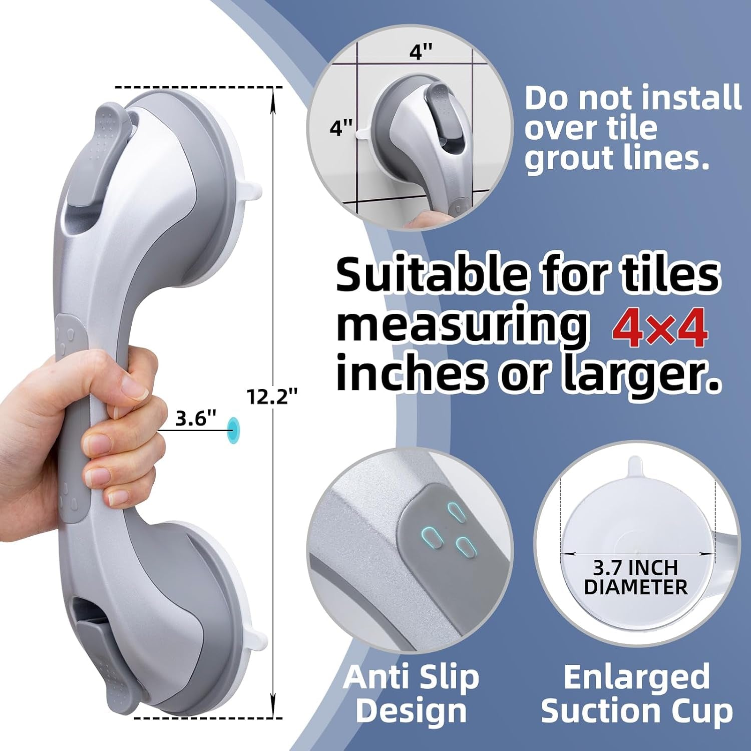 Shower Grab Bar Suction Cup 12 Inch, 2 Pack Grab Bars for Bathtubs, Bathroom Safety Grip Shower Handle for Elderly and Seniors, Bath Handrails Removable Waterproof No Drilling Silver