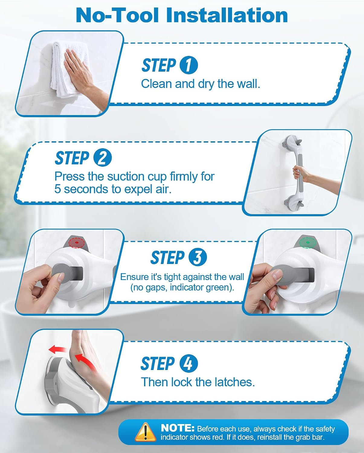 Grab Bars for Shower, 16.7" Shower Grab Bars for Seniors, Heavy Duty Suction Cup Shower Handle with Safety Indicators, No-Drill Anti-Slip Bathroom Shower Bars for Elderly & Handicap, 2 Pack