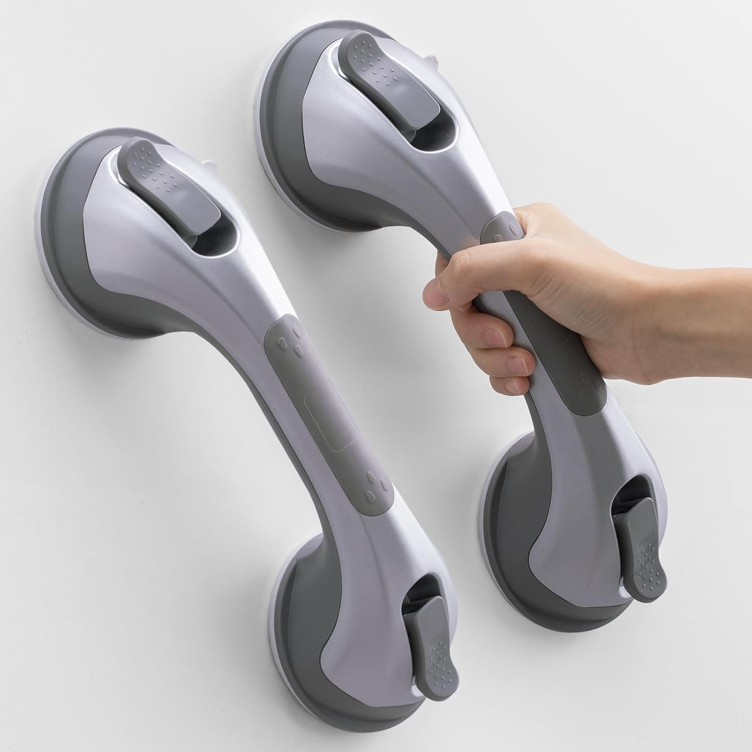 Shower Grab Bar Suction Cup 12 Inch, 2 Pack Grab Bars for Bathtubs, Bathroom Safety Grip Shower Handle for Elderly and Seniors, Bath Handrails Removable Waterproof No Drilling Silver