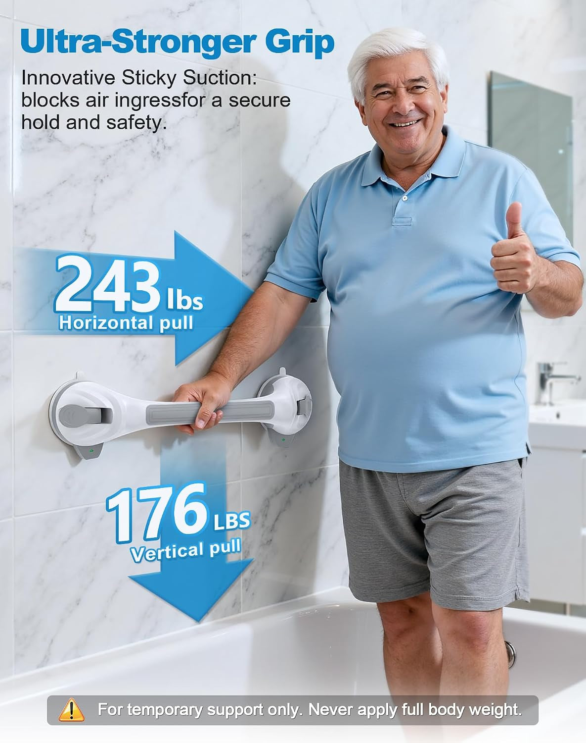 Grab Bars for Shower, 16.7" Shower Grab Bars for Seniors, Heavy Duty Suction Cup Shower Handle with Safety Indicators, No-Drill Anti-Slip Bathroom Shower Bars for Elderly & Handicap, 2 Pack