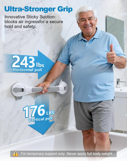 Grab Bars for Shower, 16.7" Shower Grab Bars for Seniors, Heavy Duty Suction Cup Shower Handle with Safety Indicators, No-Drill Anti-Slip Bathroom Shower Bars for Elderly & Handicap, 2 Pack