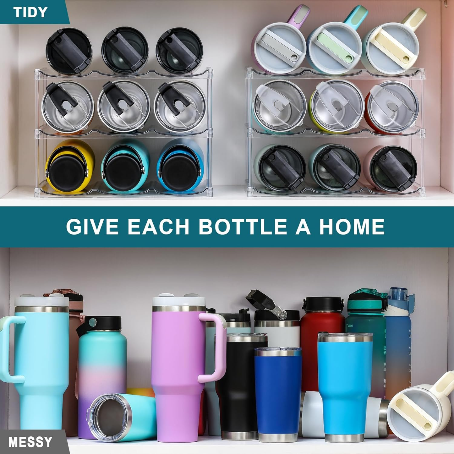 3-Tier Stackable Tumbler & Water Bottle Organizer - Clear Cabinet Storage Rack for Stanley Cups (Holds 9) - Fridge, Pantry, Countertop
