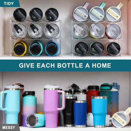 3-Tier Stackable Tumbler & Water Bottle Organizer - Clear Cabinet Storage Rack for Stanley Cups (Holds 9) - Fridge, Pantry, Countertop