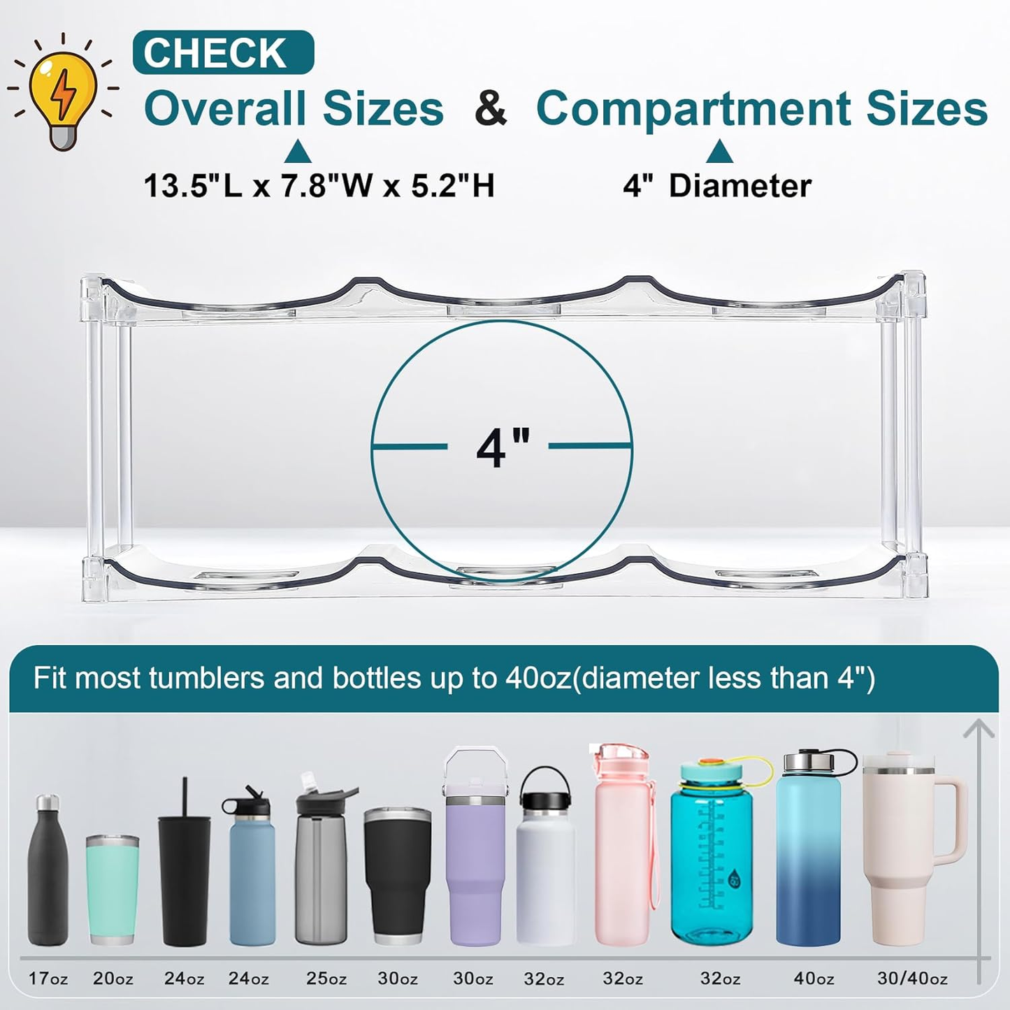 3-Tier Stackable Tumbler & Water Bottle Organizer - Clear Cabinet Storage Rack for Stanley Cups (Holds 9) - Fridge, Pantry, Countertop