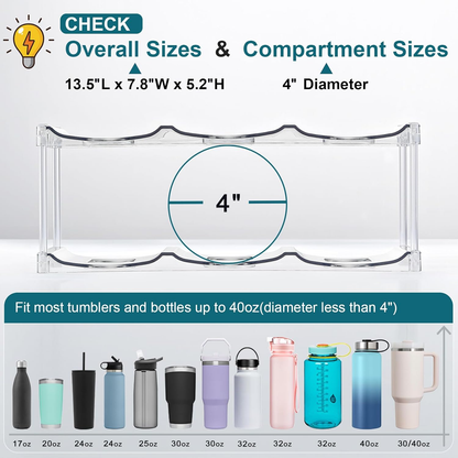 3-Tier Stackable Tumbler & Water Bottle Organizer - Clear Cabinet Storage Rack for Stanley Cups (Holds 9) - Fridge, Pantry, Countertop
