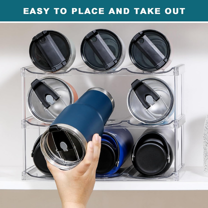 3-Tier Stackable Tumbler & Water Bottle Organizer - Clear Cabinet Storage Rack for Stanley Cups (Holds 9) - Fridge, Pantry, Countertop