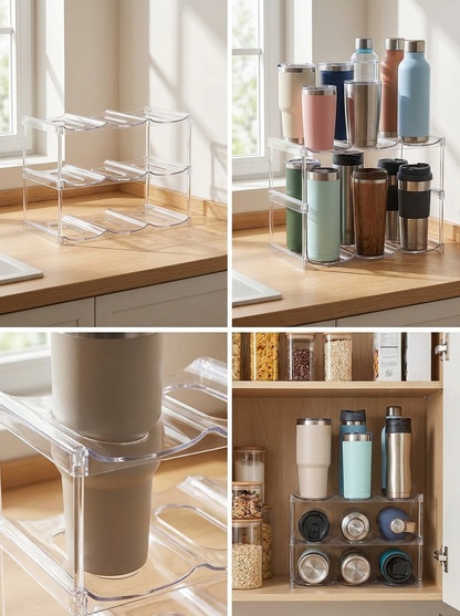 3-Tier Stackable Tumbler & Water Bottle Organizer - Clear Cabinet Storage Rack for Stanley Cups (Holds 9) - Fridge, Pantry, Countertop