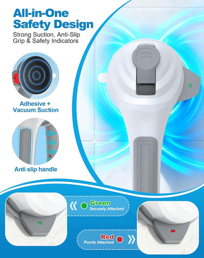 Grab Bars for Shower, 16.7" Shower Grab Bars for Seniors, Heavy Duty Suction Cup Shower Handle with Safety Indicators, No-Drill Anti-Slip Bathroom Shower Bars for Elderly & Handicap, 2 Pack
