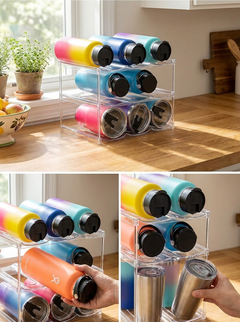 3-Tier Stackable Tumbler & Water Bottle Organizer - Clear Cabinet Storage Rack for Stanley Cups (Holds 9) - Fridge, Pantry, Countertop